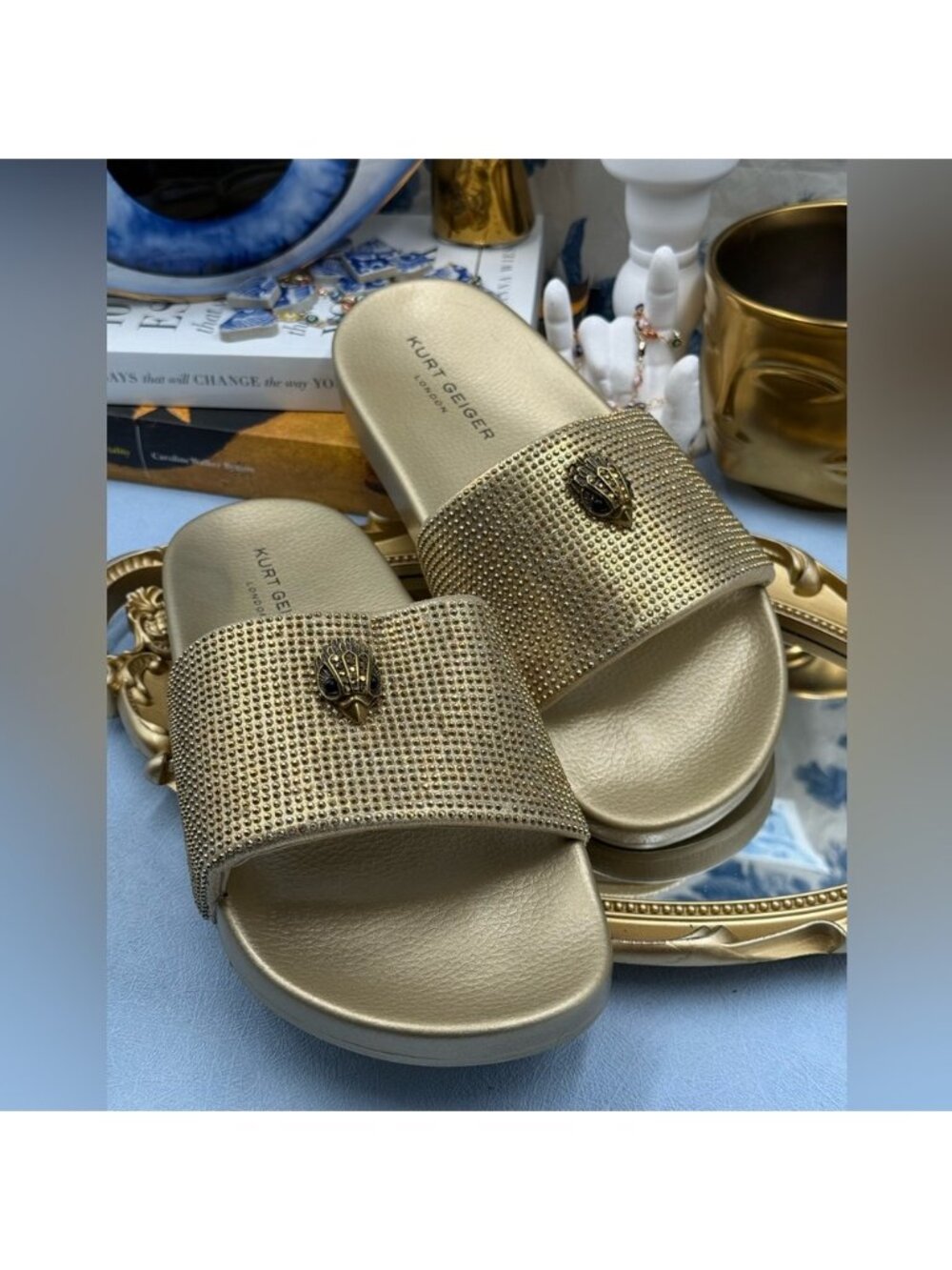 🆕 KURT GEIGER LONDON 🧿 NWOB Meena Eagle Gold Crystal Studded Slide